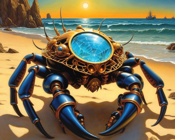 Futuristic Mechanical Crab on Sandy Beach at Sunset