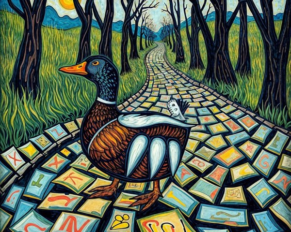Whimsical landscape with a duck on a block path