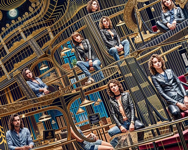 Surreal Library with Gold Accents and Reflections