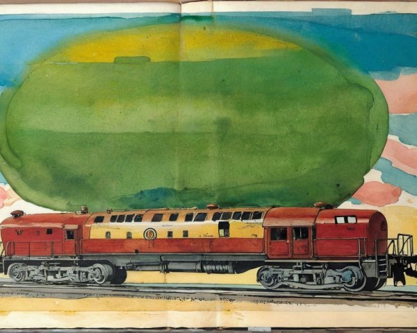 Vibrant Watercolor Painting of Train Engine and Sky