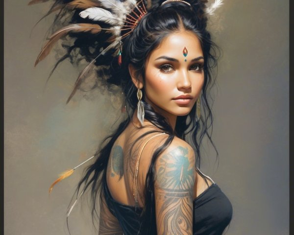 Portrait of a woman with feathers and intricate tattoos