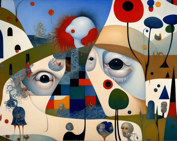 Surrealist painting with abstract shapes and faces