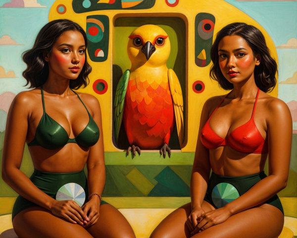 Women in Contrasting Swimsuits with Colorful Bird