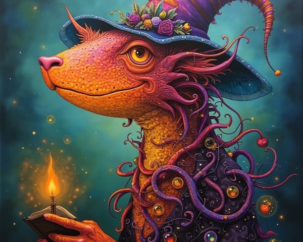 Colorful Wizard Lizard with Orb and Book in Fantasy Setting