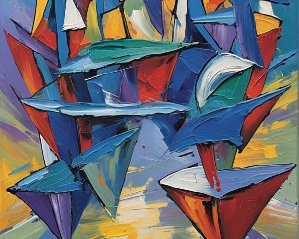 Abstract Painting of Vibrant Boats in Bold Colors