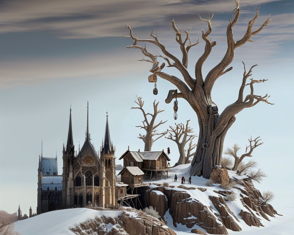 Gothic Cathedral in a Winter Landscape with a Cabin