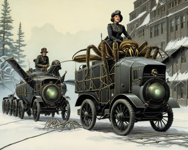 Vintage Trucks with Spiders in a Snowy Landscape