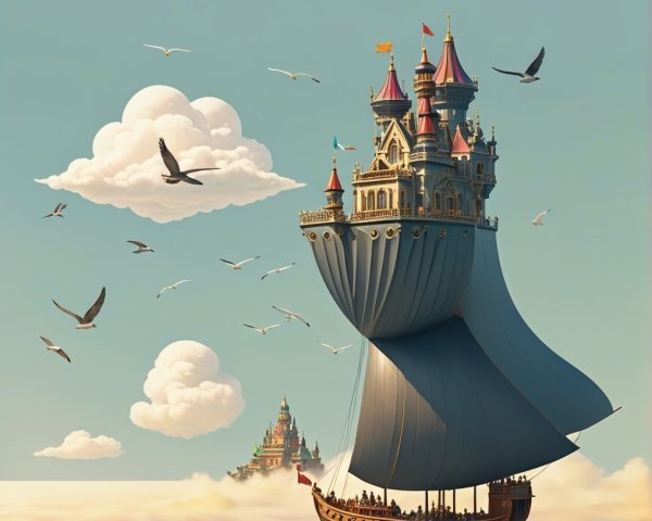 Flying ship resembling a castle in a cloud-filled sky