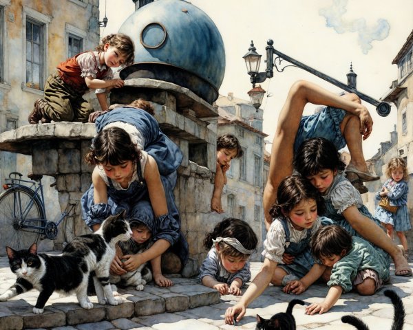Children Playing Around a Vintage Fountain Scene
