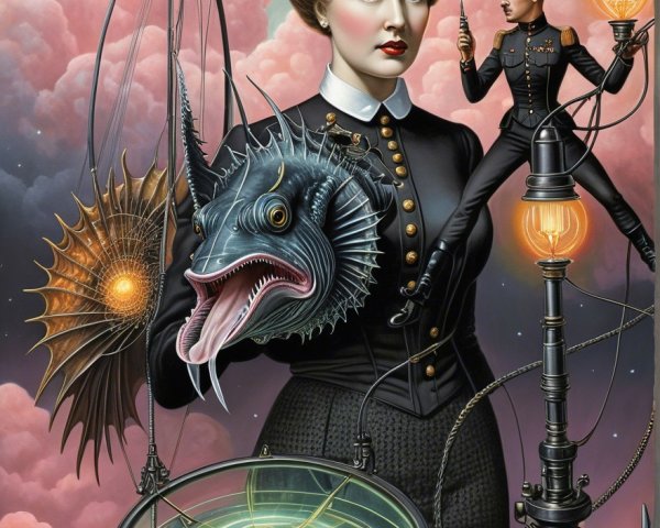 Steampunk Scene with Woman, Fish, and Miniature Figure