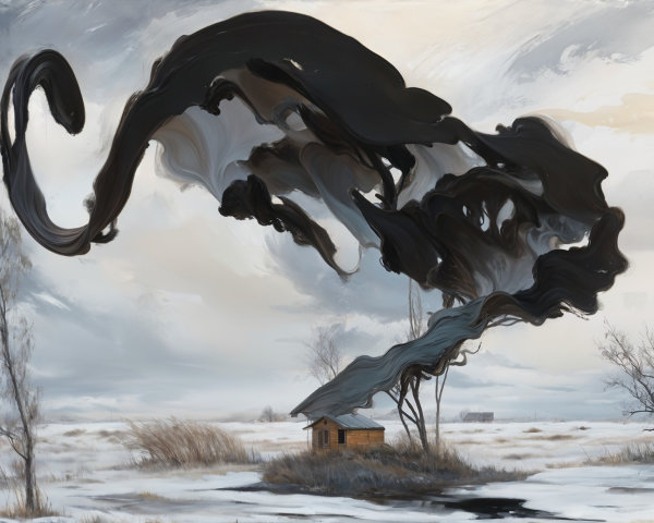 Wooden Cabin in a Snowy Winter Landscape with Clouds