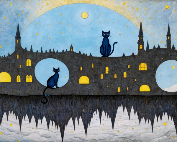 Surreal Landscape with Castle and Cats at Twilight