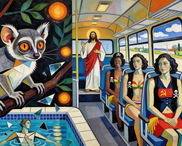 Art Deco Painting Featuring Ring-Tailed Lemur Scene