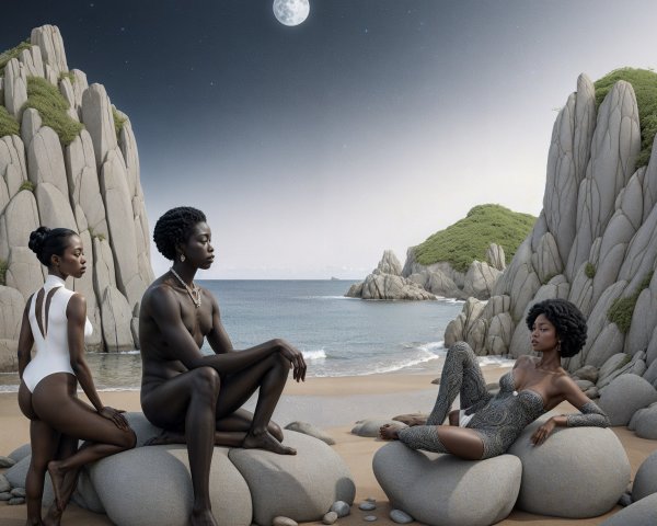 Elegantly Posed Figures on a Serene Beach Scene