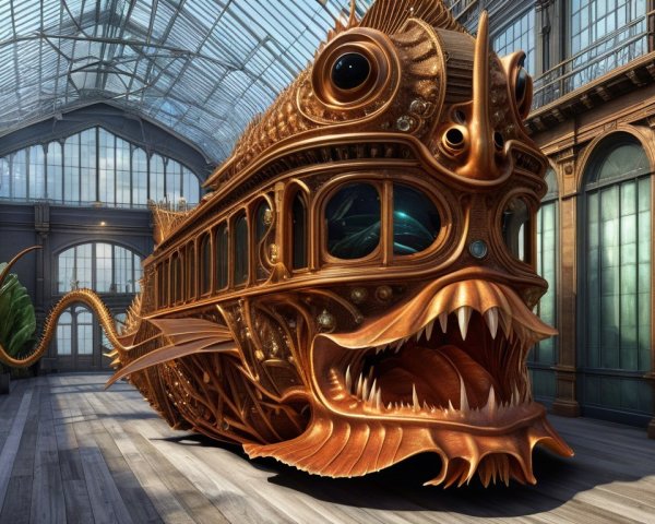 Giant Fish-Inspired Vehicle in Lush Greenhouse Setting