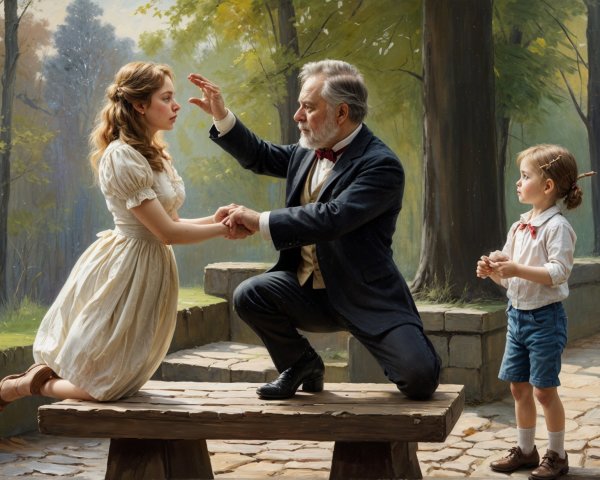 Young Girl and Elderly Man in Serene Outdoor Scene