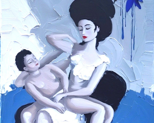 Stylized Painting of Seated Woman and Child Embrace