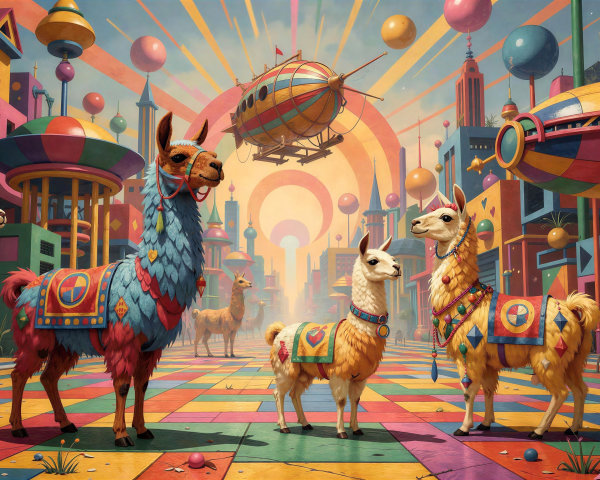 Vibrant Urban Scene with Colorful Llamas and Buildings