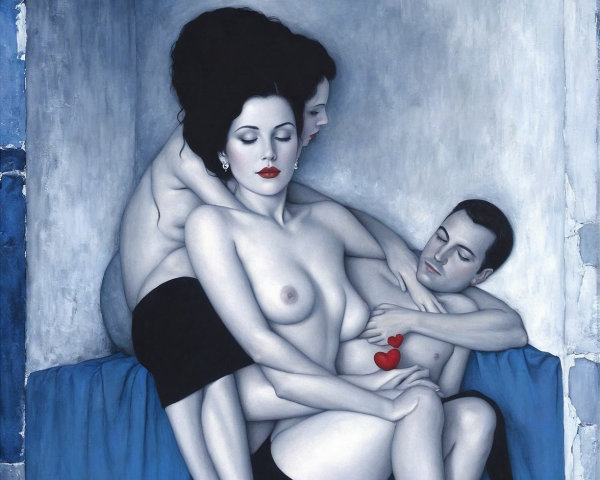 Three Figures in Blue and Gray with Heart Symbol