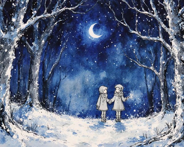 Mystical Watercolor of Children in Snowy Forest at Night