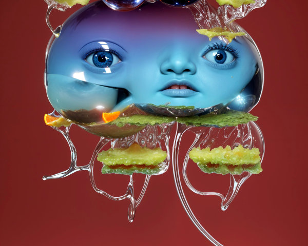 Surreal Composition with Blue Eyes and Abstract Shapes