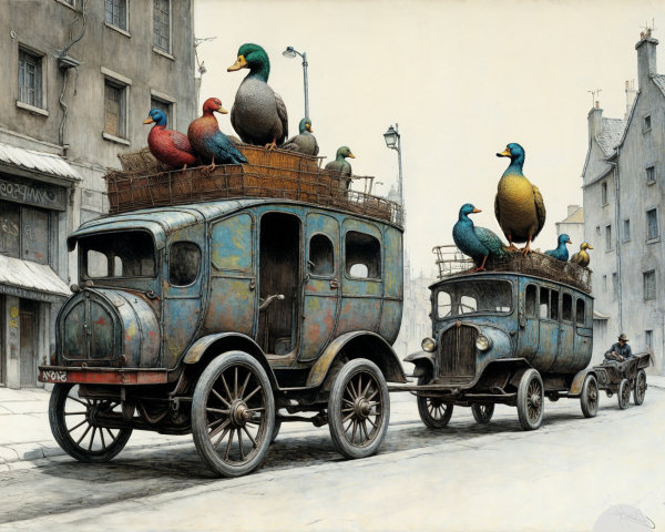 Vintage Cars with Colorful Ducks in Urban Setting