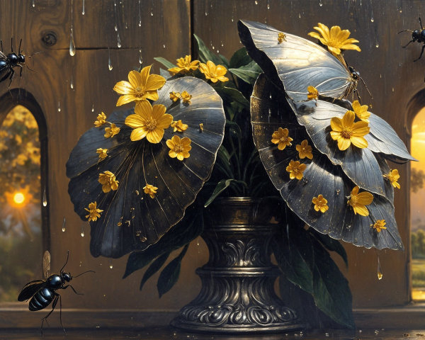 Metallic Flower Arrangement with Bees and Sunlight