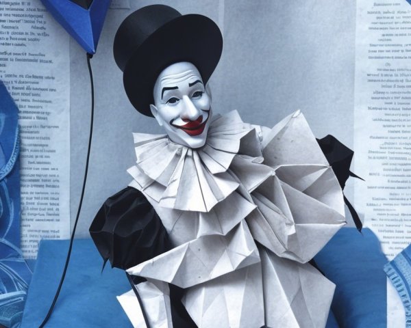 Whimsical Origami Clown on Blue Cushion with Balloon