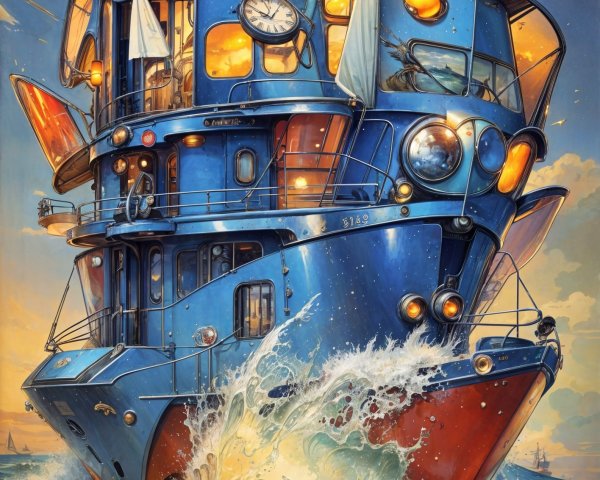 Steampunk-style boat with colorful sails and clock details