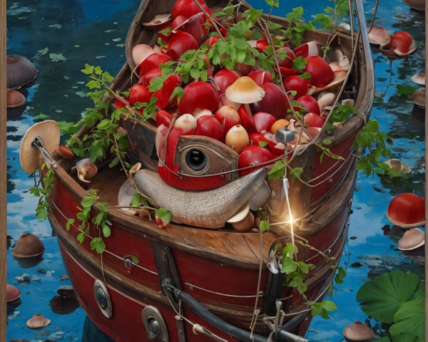 Whimsical Oil Painting of Boat with Apples and Mushrooms