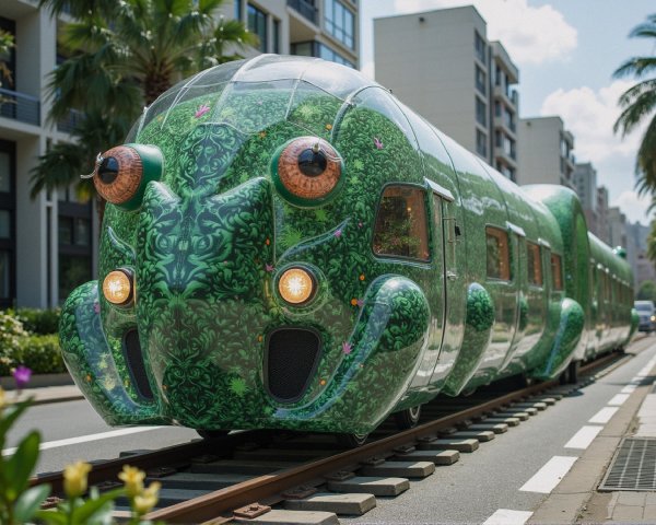 Whimsical Train Designed as a Giant Frog with Foliage