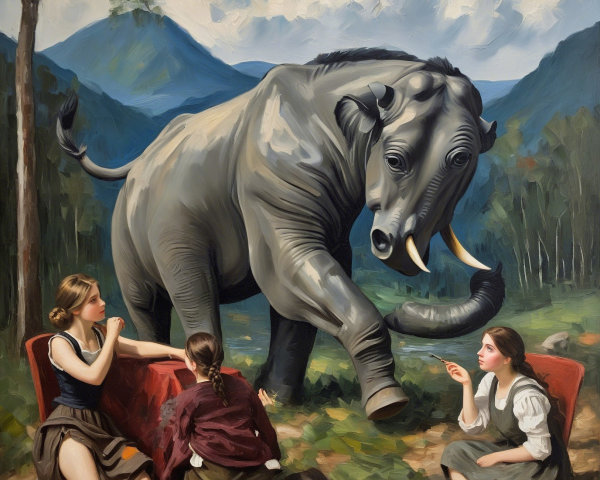 Whimsical Scene of Girls with Elephant in Nature