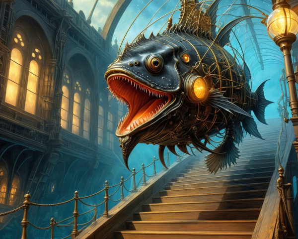 Mechanical Fish Ascending Ornate Staircase in Fantasy