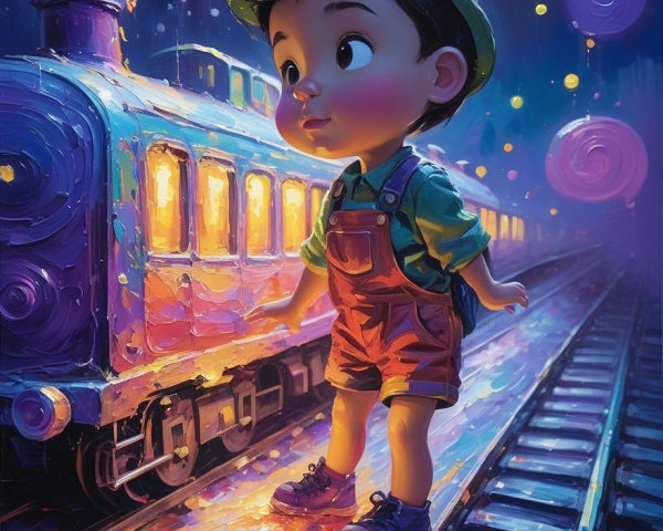 Young Boy on Colorful Train Track at Night