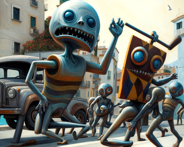 Surreal Coastal Town with Oversized Creatures