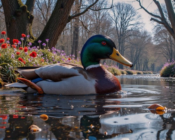 Male Mallard Duck Swimming in Reflective Pond Scene