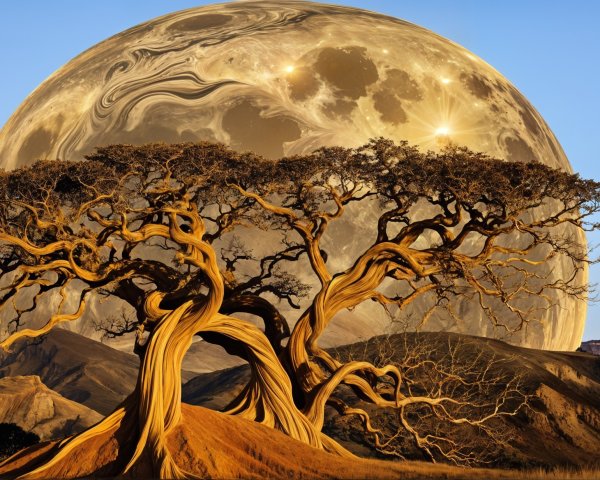Majestic tree with twisted branches under a luminous moon