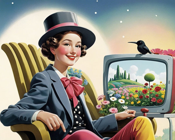 Cheerful woman in vintage attire with colorful flowers