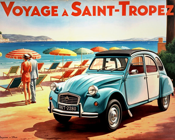 Vintage Travel Poster of Saint-Tropez Beach Scene