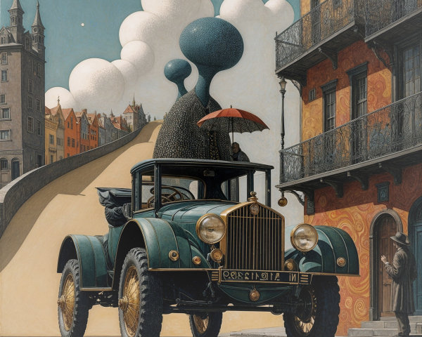 Vintage Green Automobile in Surreal Cityscape