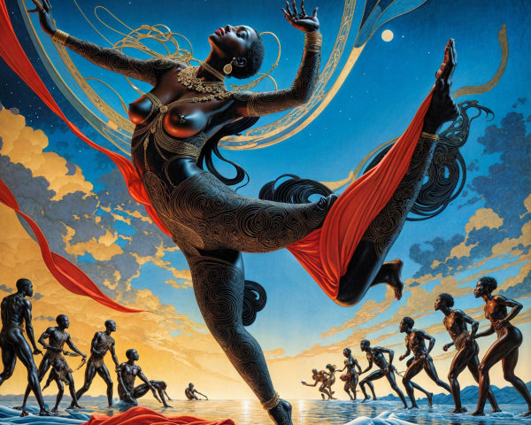 Dynamic Dance Figures in Vibrant Water Scene