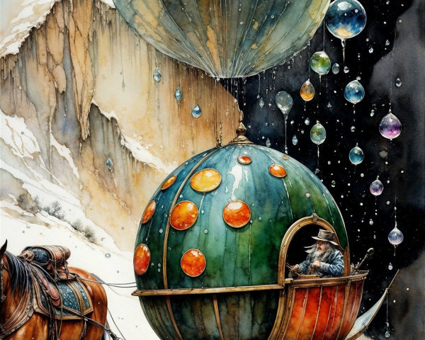 Colorful Hot Air Balloon with Horse in Dreamlike Scene