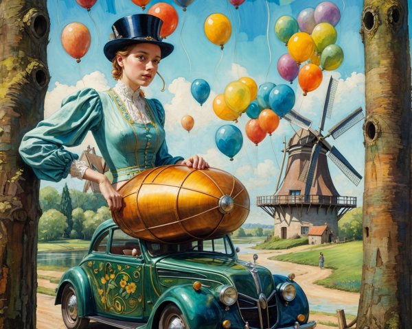 Vintage Attire Woman with Airship and Green Car Scene