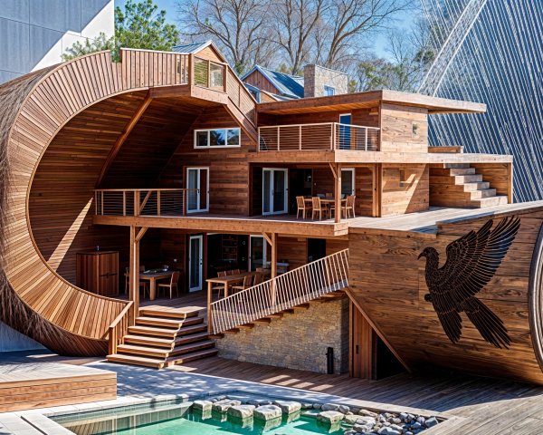 Unique Wooden House with Cylindrical Design and Pool