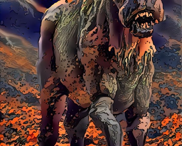 Stylized prehistoric creature in vibrant landscape