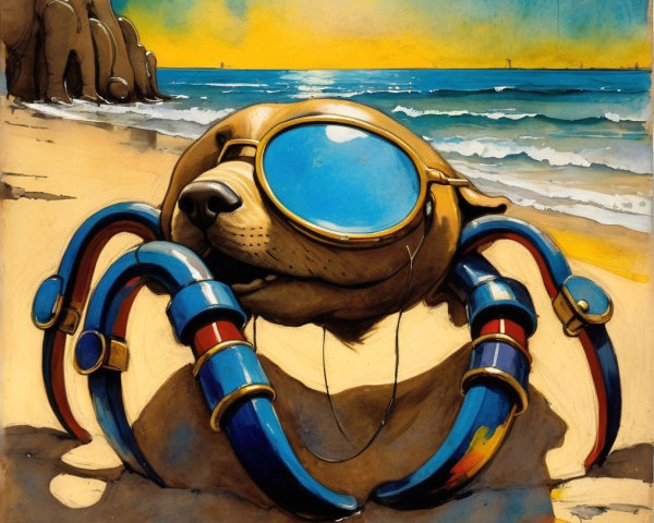 Whimsical Crab-Dog Creature on a Beach at Sunset