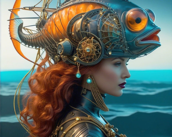 Portrait of a woman with a fish-shaped hat and red hair