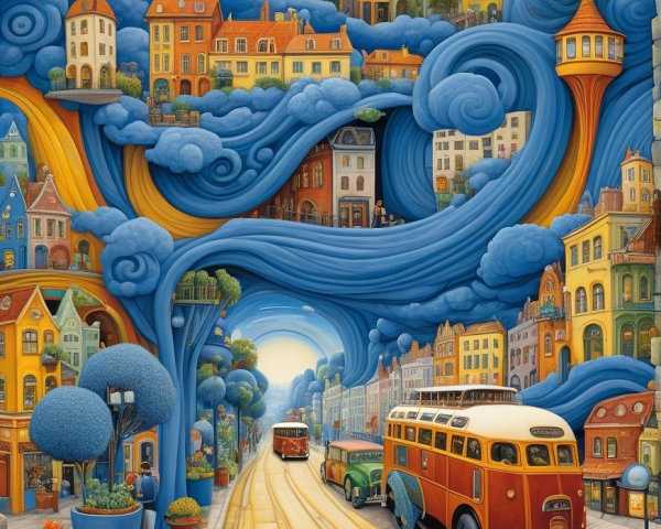 Whimsical cityscape with colorful houses and waves