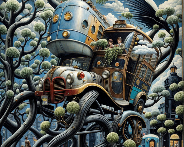 Surreal Scene of Vintage Bus on Futuristic Train