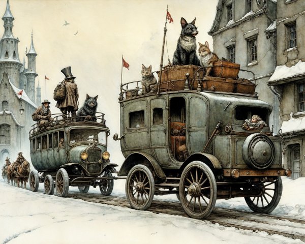 Whimsical Winter Scene with Vintage Vehicles and Cats